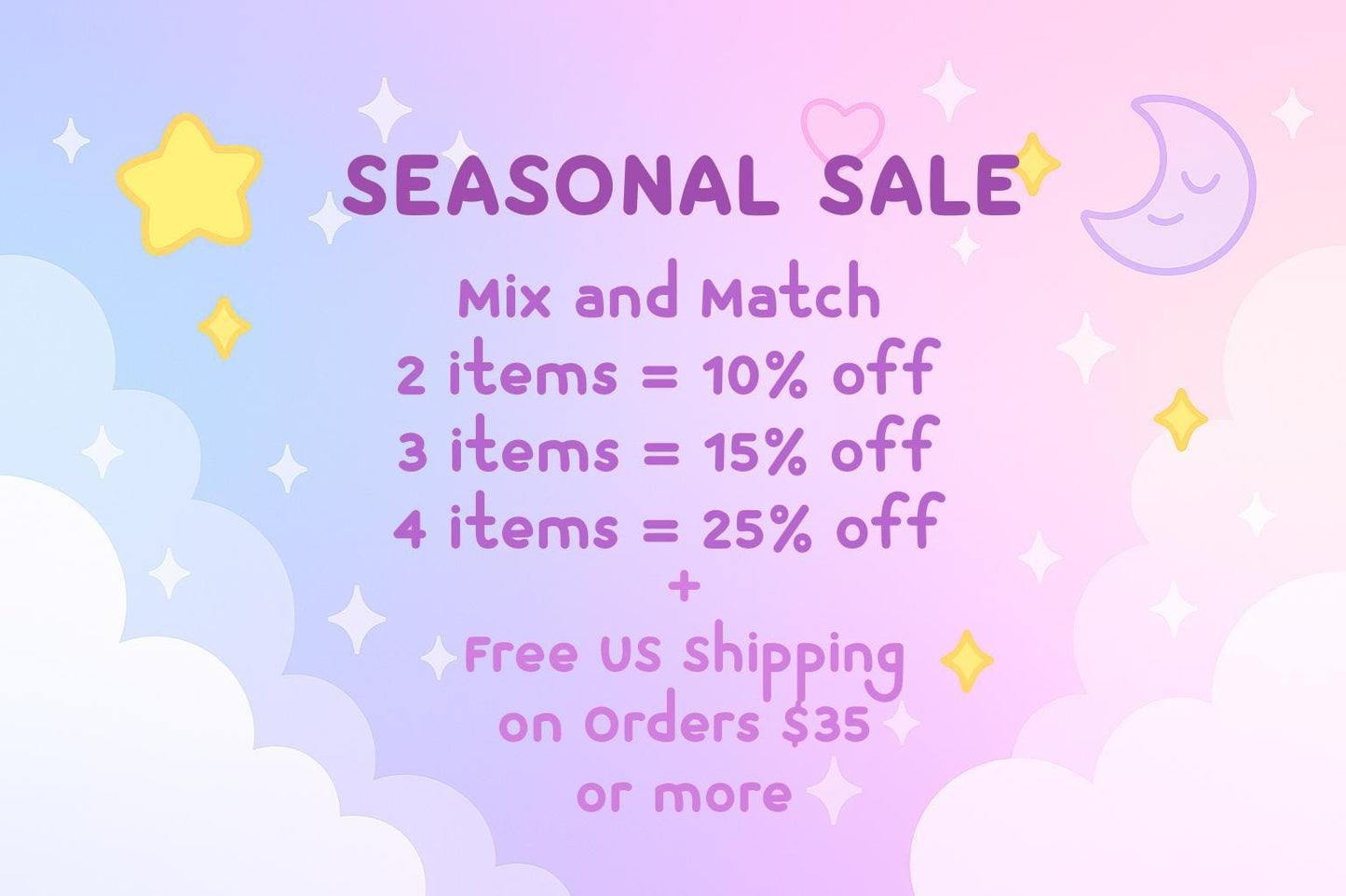 A seasonal sale ad that shows Mix and Match: Buy 2 items and get 10% off, buy 3 items and get 15% off, buy 4 items and get 25% off. As well as Free Shipping on US orders $35+.