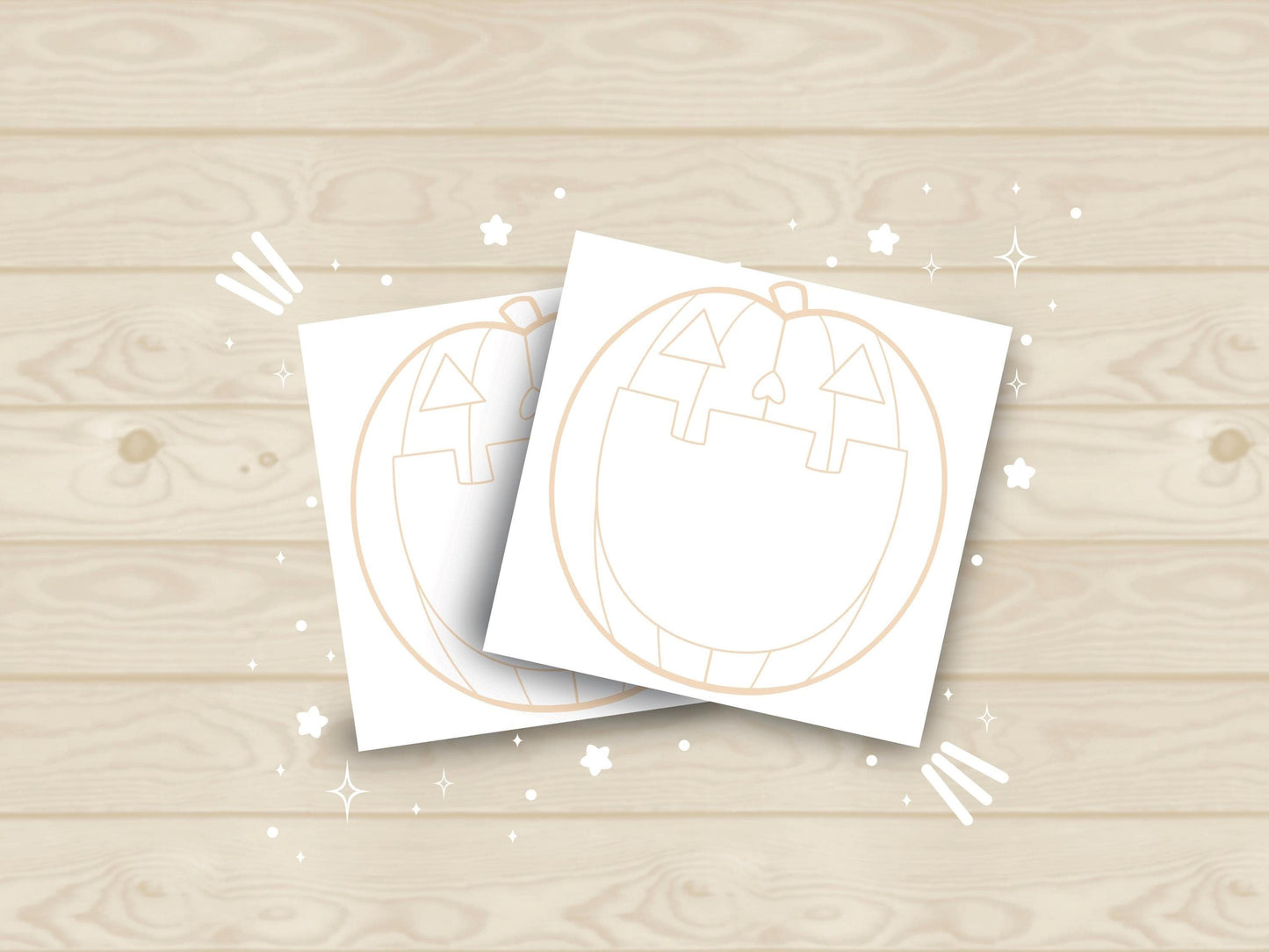 White sticky notes with an opened mouth orange lined jack o lantern covering the background.
