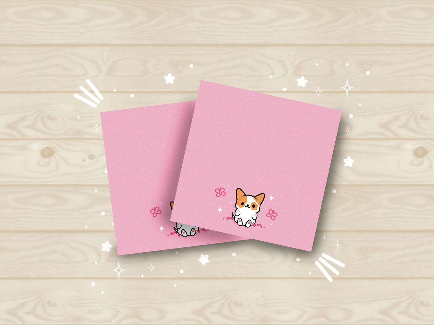 Sticky note with a dog illustration on a pink background surrounded by butterflies