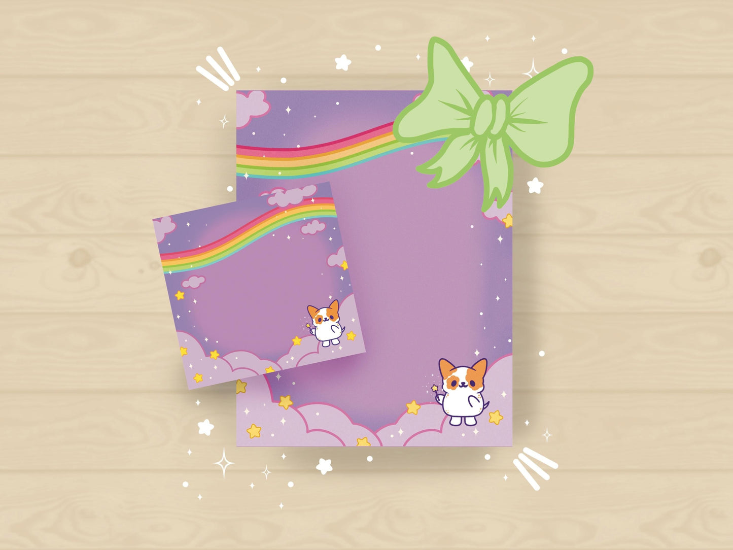 A purple sticky note and notepad gift set of a cute magical dog standing the the clouds below a rainbow surrounded by yellow stars holding a magical wand.