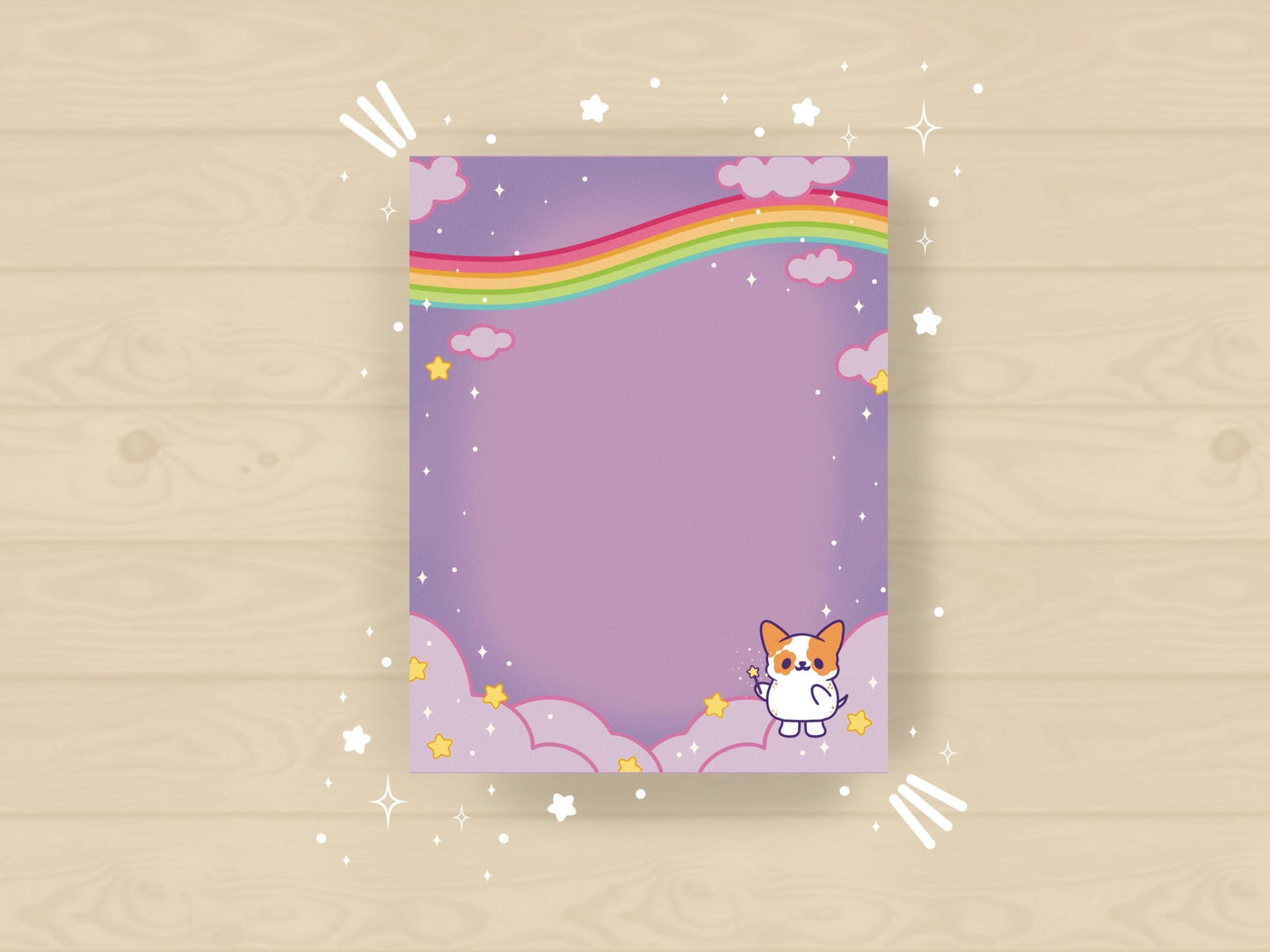 A purple notepad of a cute magical dog standing the the clouds below a rainbow surrounded by yellow stars holding a magical wand.