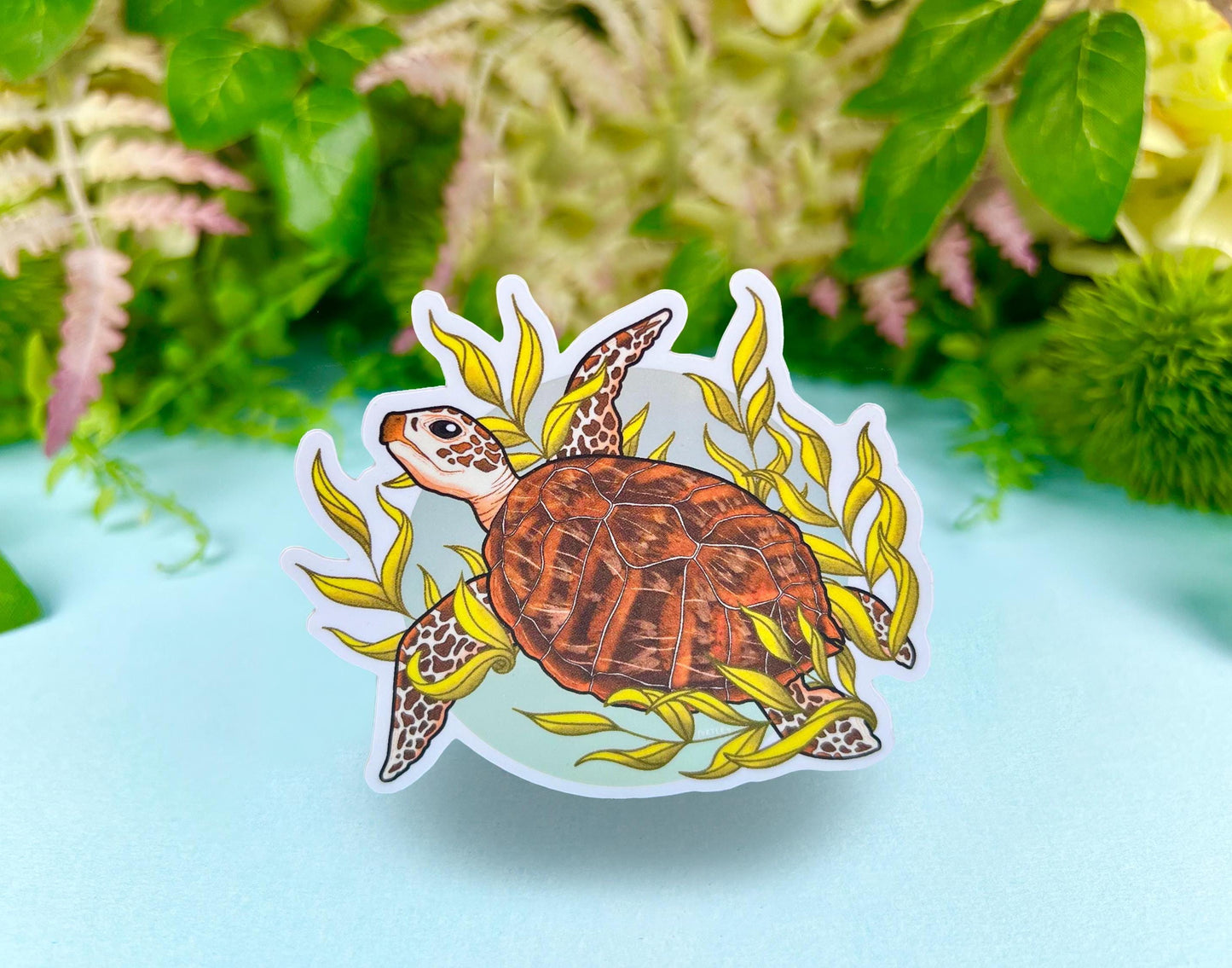 Sticker of a brown shelled sea turtle with brown spots, green seaweed intertwined around them, and a light green mirror circle underneath them.