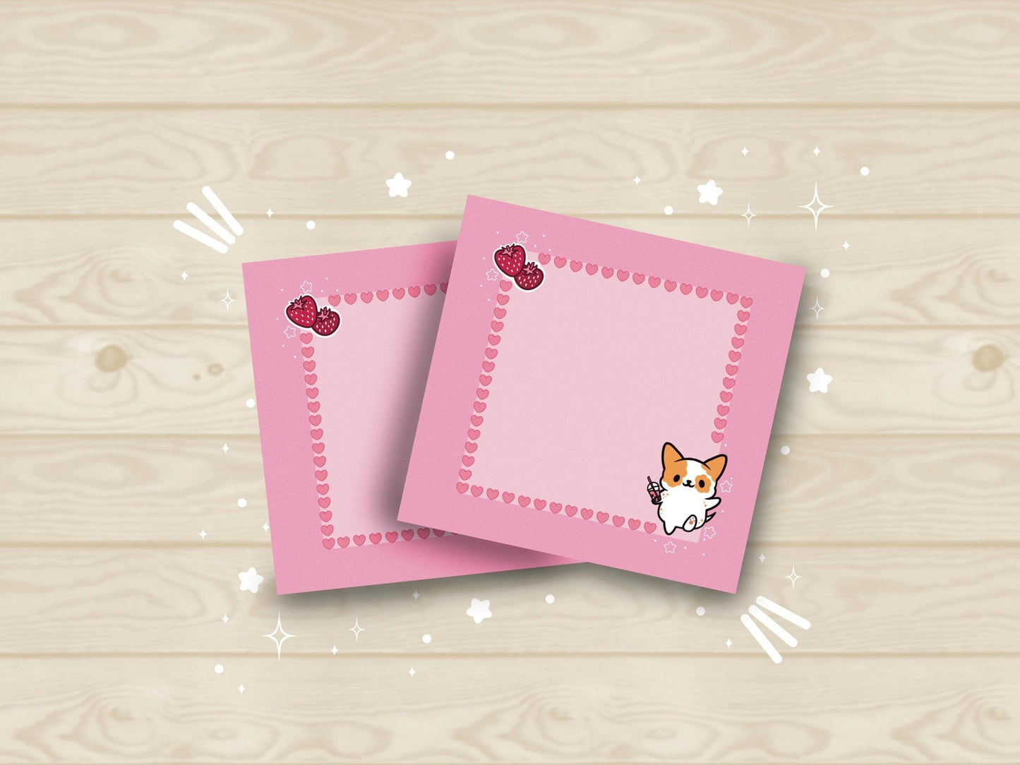 Pink sticky notes with an illustration of a cute dog holding boba milk tea surrounded by hearts and strawberries.