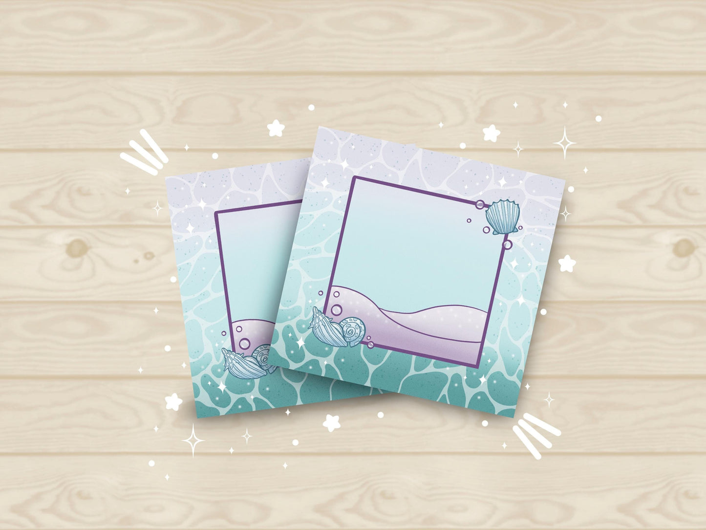 Sticky note pad with pastel seashells and sand designs, measuring 3 in x 3 in, perfect for ocean-themed stationery lovers
