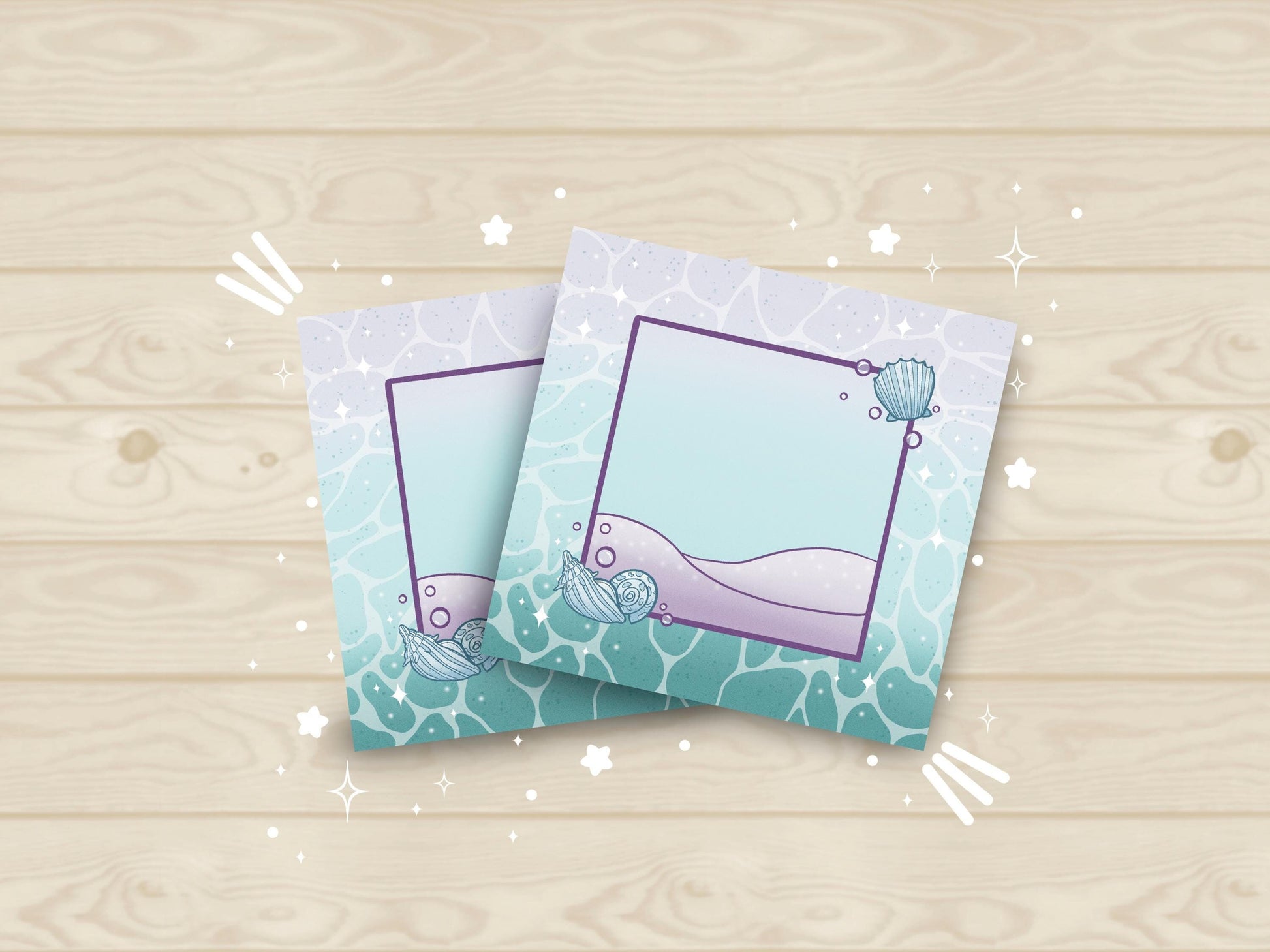 Sticky note pad with pastel seashells and sand designs, measuring 3 in x 3 in, perfect for ocean-themed stationery lovers