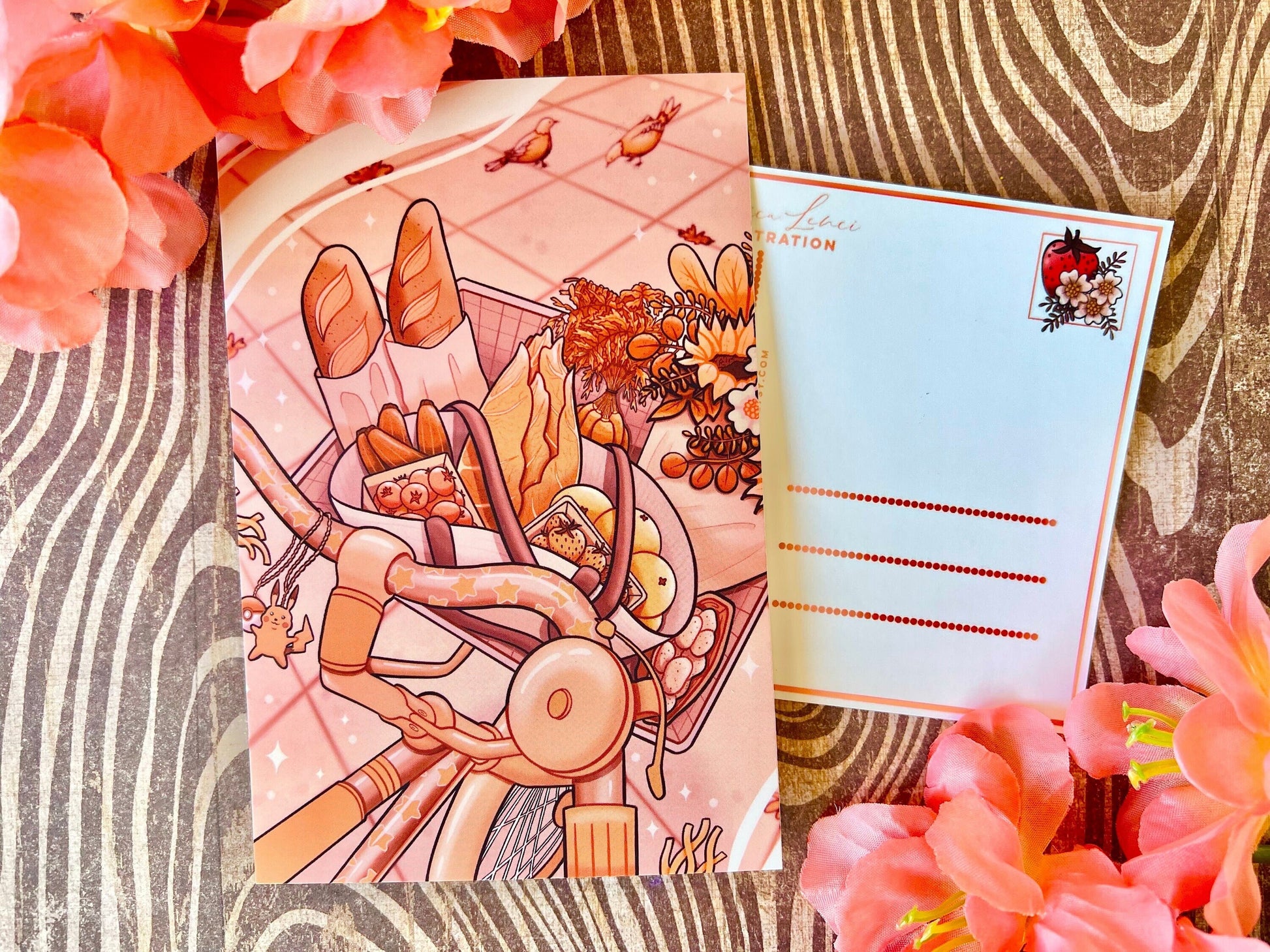 Back of the postcard with a line down the middle, lines on the right side for and address, and a cute strawberry illustration where the stamp would go. 