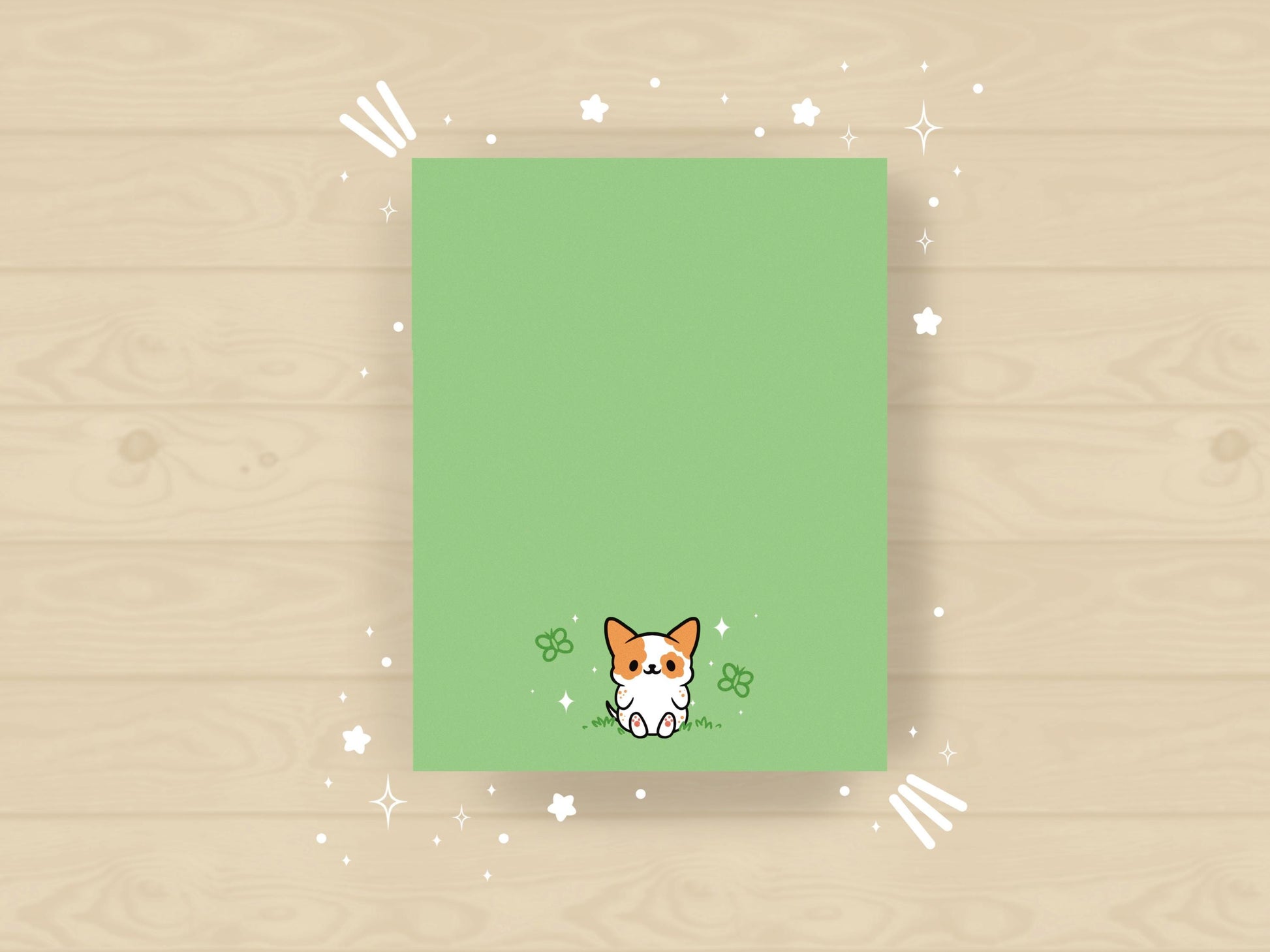 Kawaii notepad featuring a dog surrounded by butterflies in a green pastel color