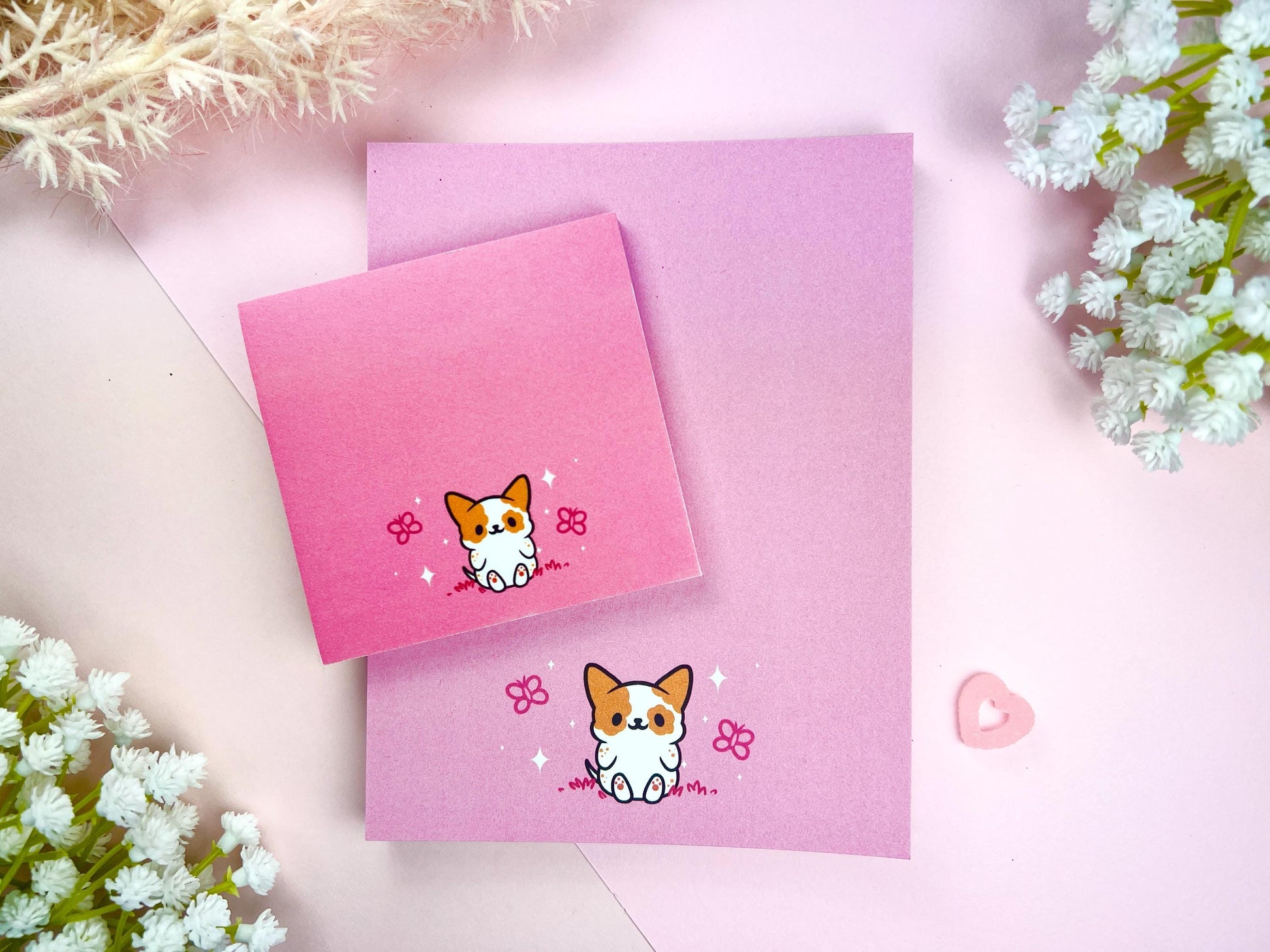 Kawaii notepad featuring a dog surrounded by butterflies in a pink pastel color (does not include sticky note)