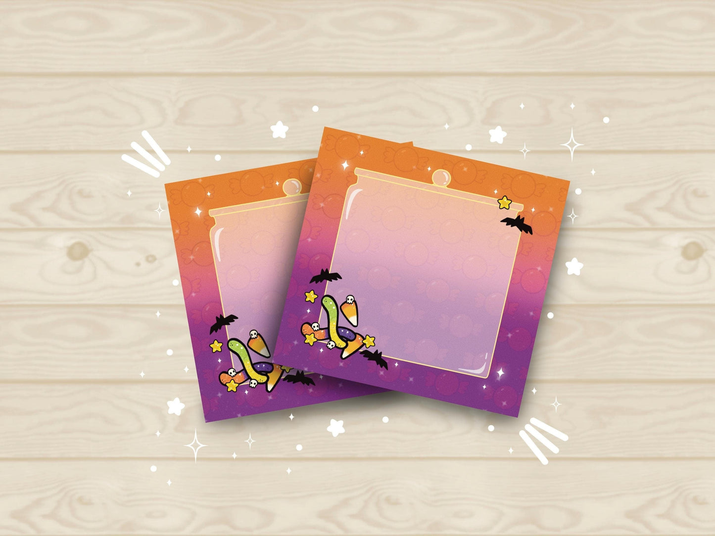 Orange and purple background halloween sticky notes with an semi transparent candy jar in the middle candy corn, gummy worms, bats, skulls, and stars around it and faded candy patterned in the background.