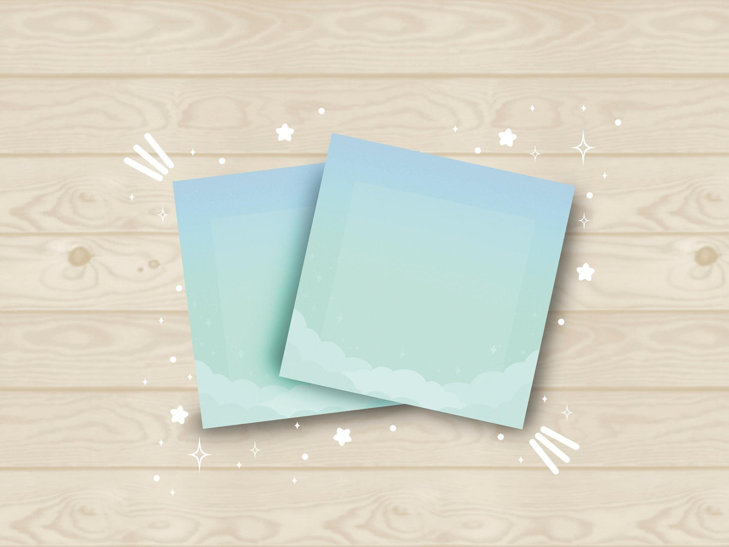 Blue and green sticky notes with clouds bordering the bottom, a faded white square in the middle, and faded sparkles above the clouds.