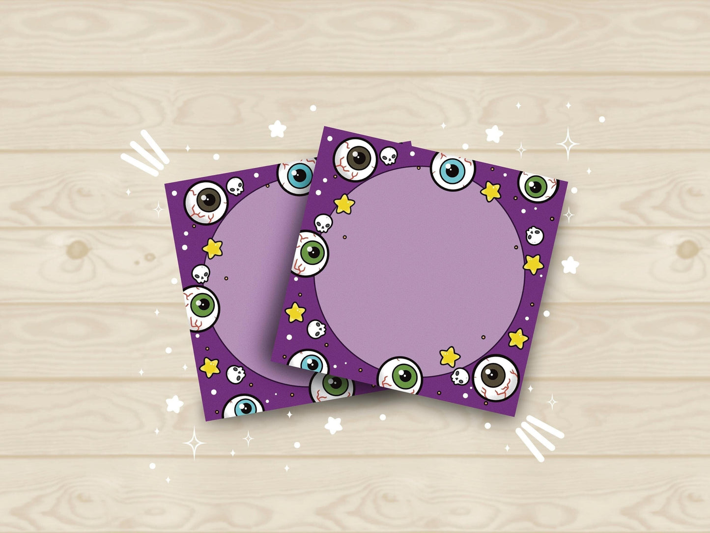 Purple background sticky notes with different colored eyeballs, skulls, and yellow stars surrounding a circle in the middle.