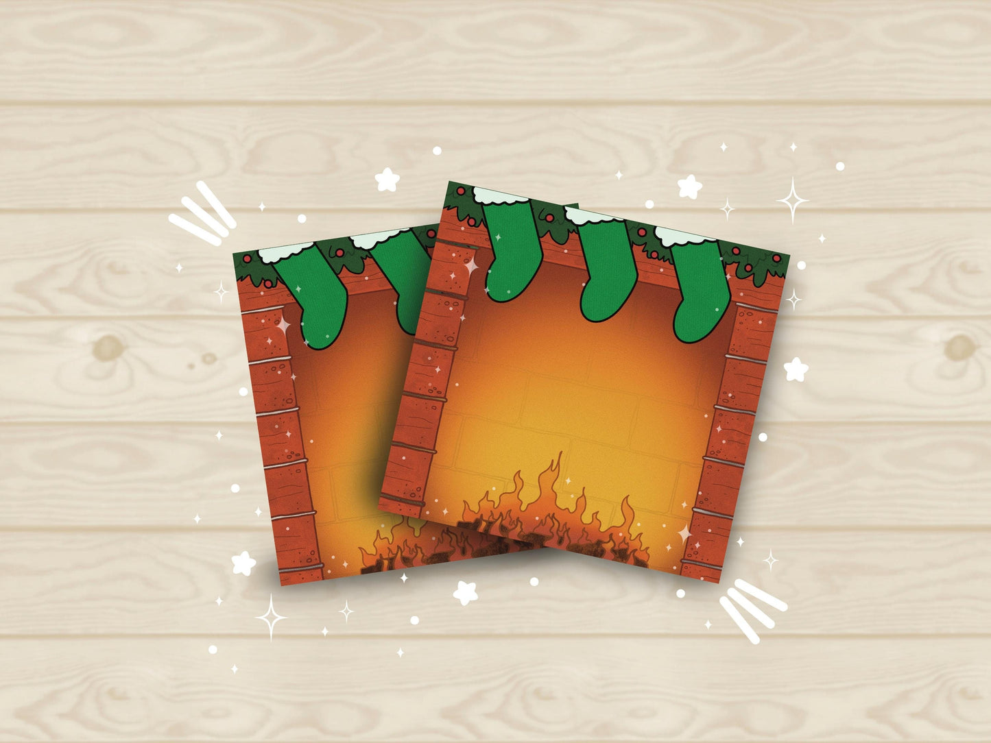 Holiday themed sticky notes of a red bricked fireplace, green hung stockings and green garland on top, with a log fire lit at the bottom.
