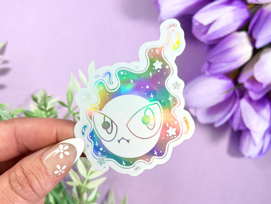 White holographic ghost cloud design with large eyes and sparkles.