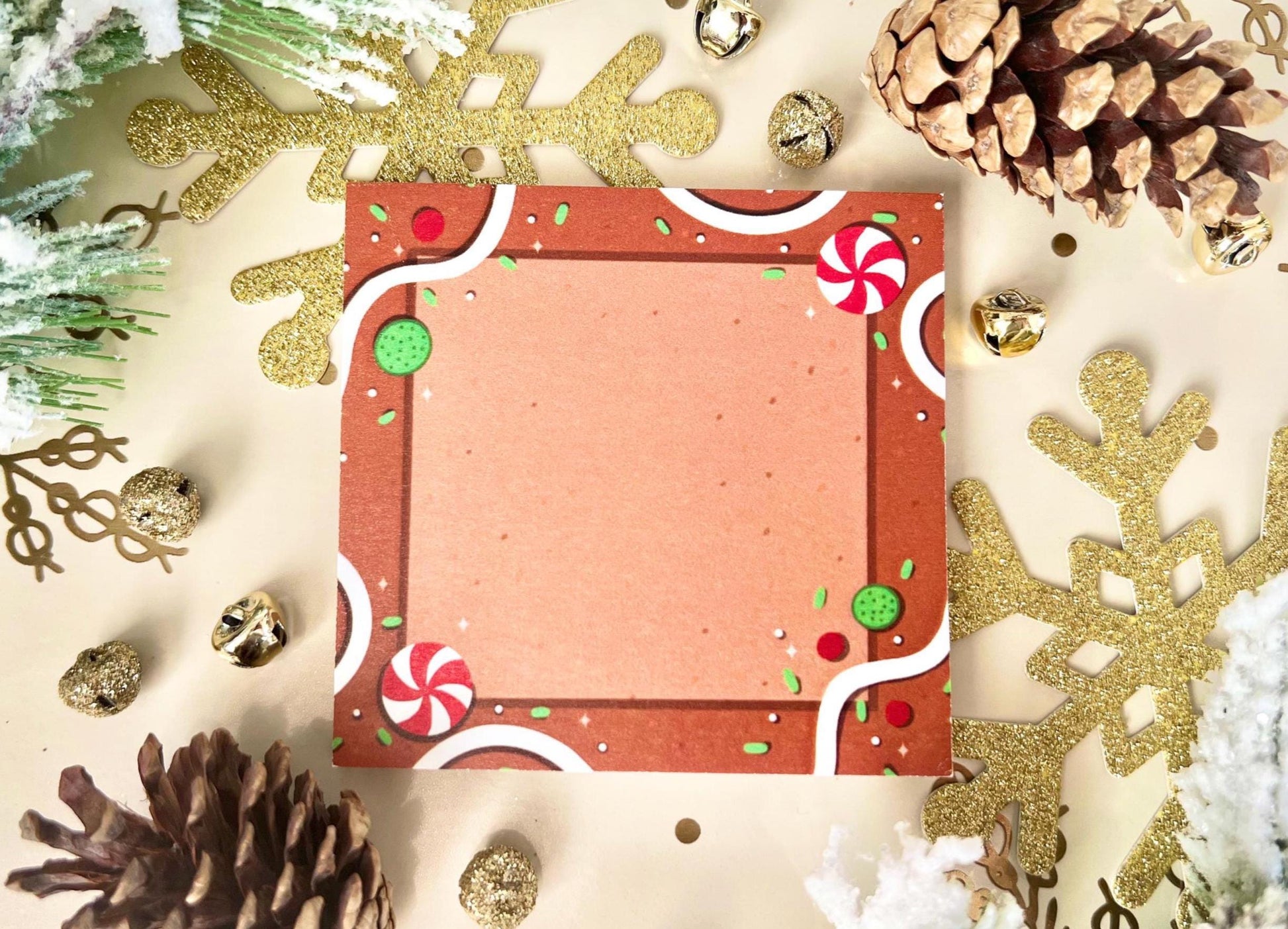 Kawaii gingerbread sticky note pad with decorated cookie and candy design