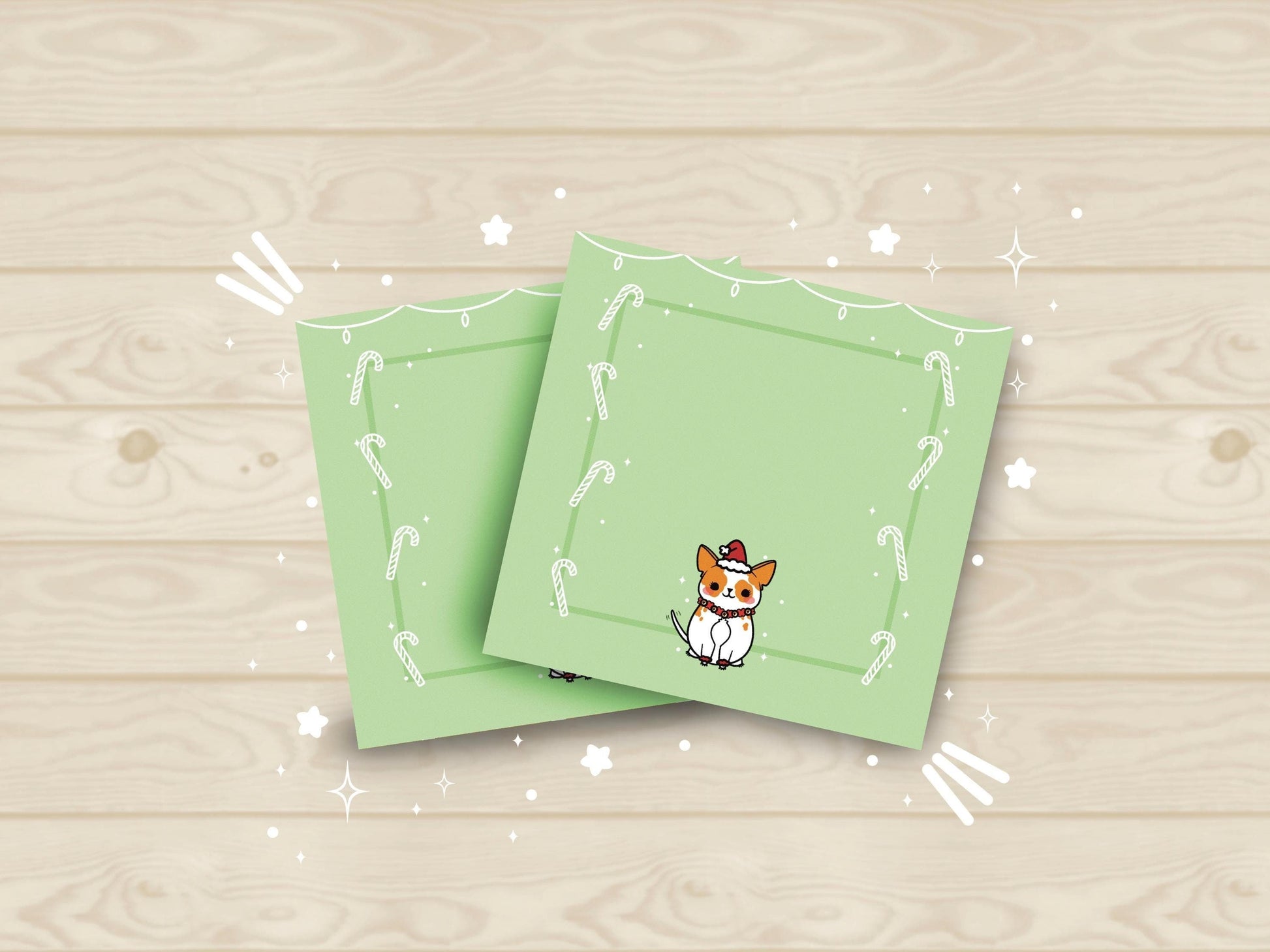 Green sticky notes with white string lights at the top, white candy canes along the sides, and a cute dog wearing a Santa Hat on the bottom.