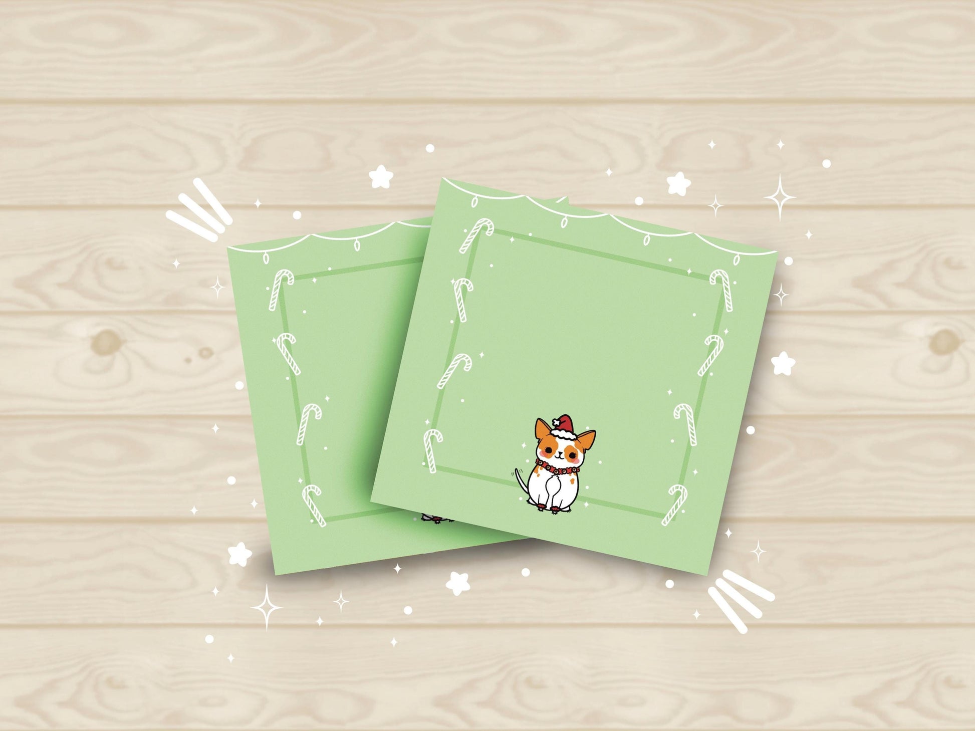 Sticky note pad with a holiday dog and candy canes on a green background, 3 x 3 inches, perfect for cute Christmas reminders.
