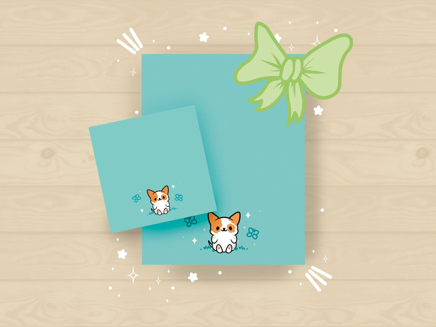 A sticky note and notepad gift set with a dog illustration on a blue background surrounded by butterflies.