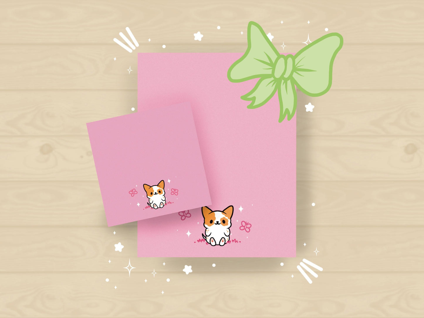 A sticky note and notepad gift set with a dog illustration on a pink background surrounded by butterflies.