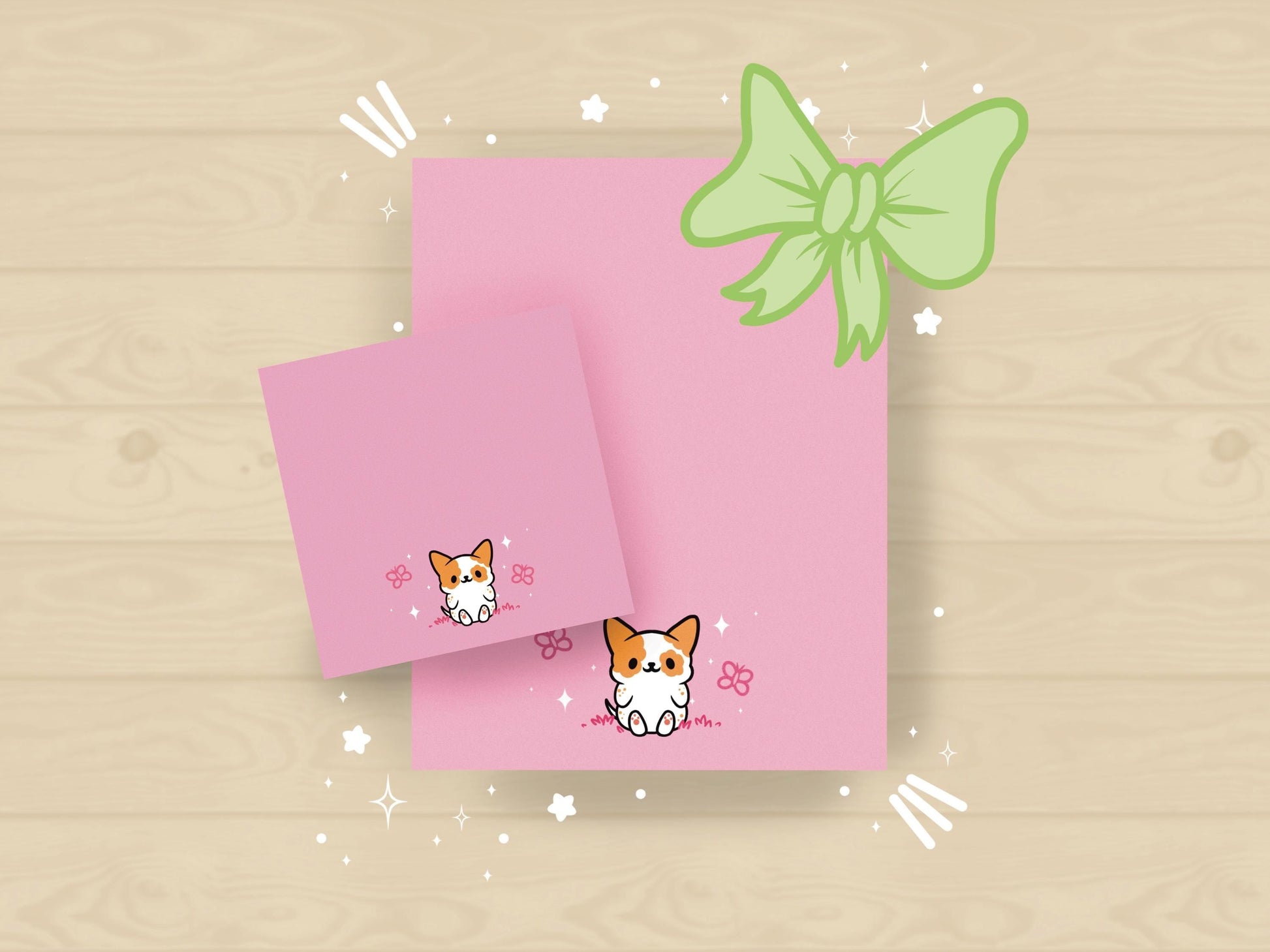 A sticky note and notepad gift set with a dog illustration on a pink background surrounded by butterflies.