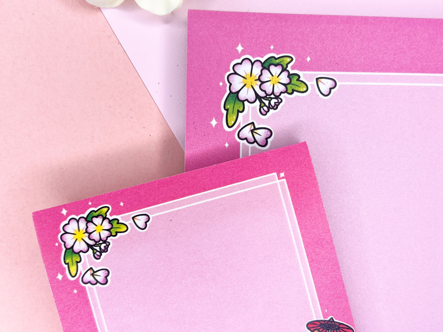 Pink kawaii stationery set with sticky notes and notepad featuring a dog in a kimono with cherry blossoms