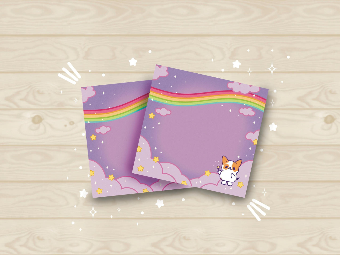Purple sticky notes of a cute magical dog standing the the clouds below a rainbow surrounded by yellow stars holding a magical wand.