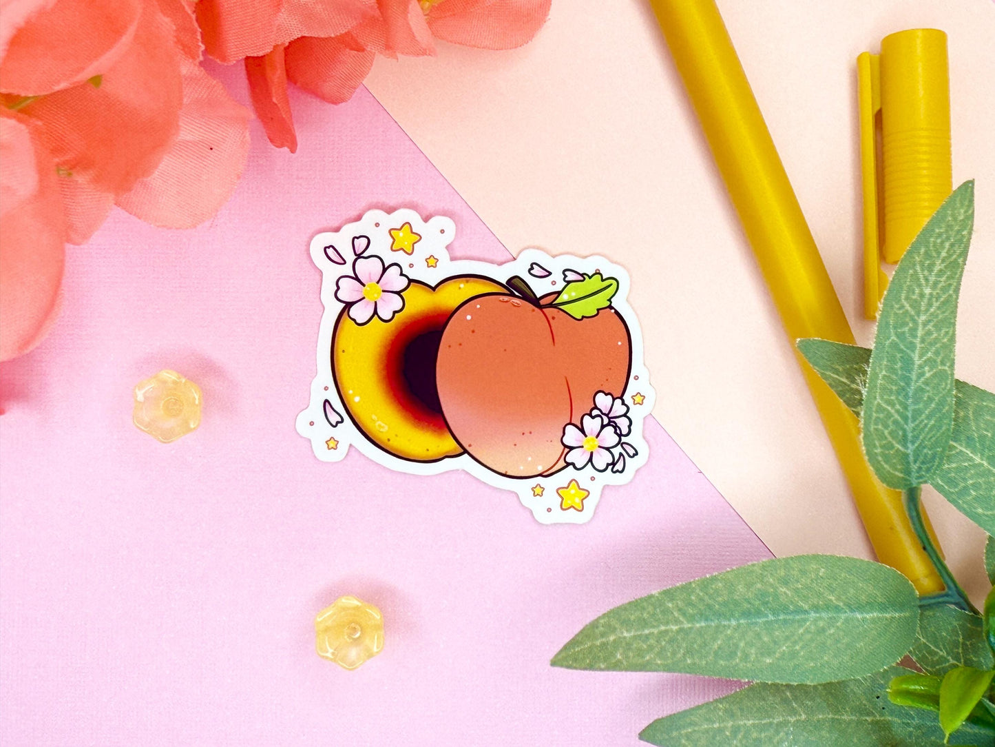 Sticker of a peach with flowers on a pink background with floral and plant elements.