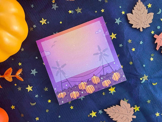 Sticky note pad with a purple Halloween pumpkin patch scene, perfect for fall planners and Halloween gifts; measures 3 x 3 inches.