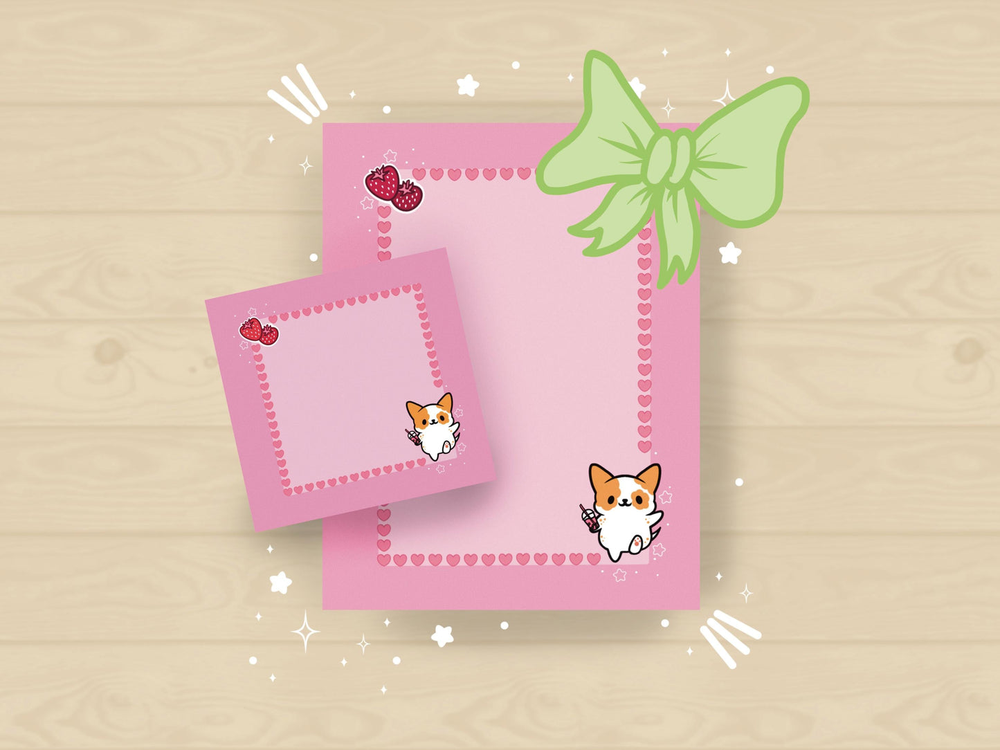 Pink gift set including one sticky note pad and one notepad with an illustration of a cute dog holding boba milk tea surrounded by hearts and strawberries.