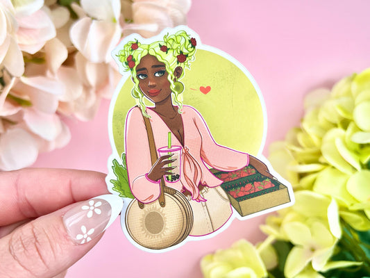 Sticker of a green-haired girl holding strawberry milk tea and fruit at a market, matte mirror vinyl, 2.7 x 3.2 inches