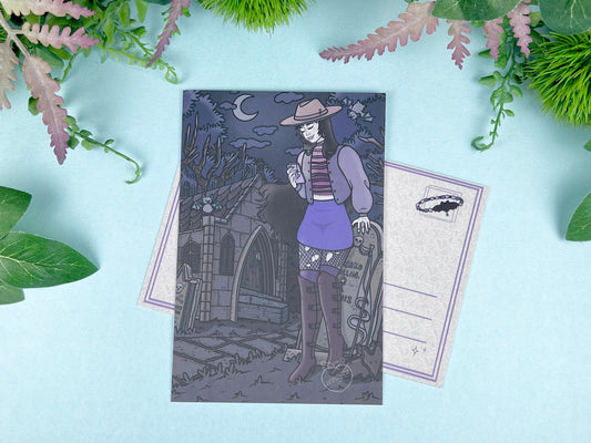 Gothic-style illustration of a vampire in a hat and skirt with a phone on a dark blue/purple background with among gravestones and crypts. 