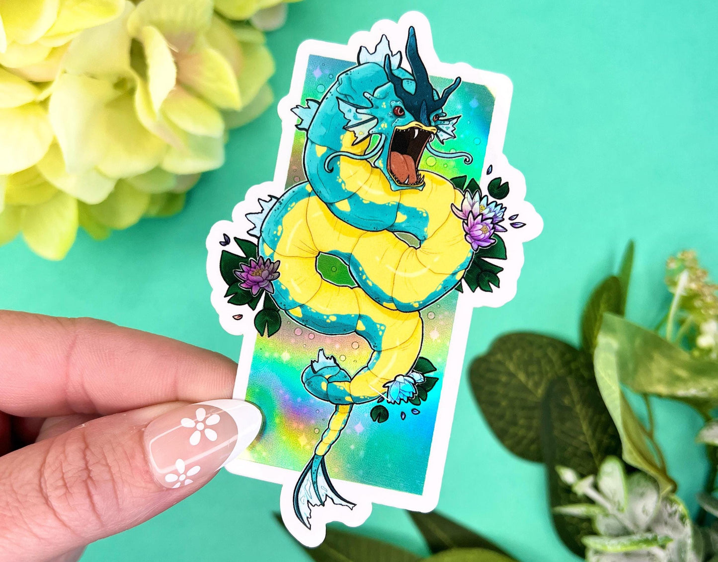 Holographic sticker of a fierce blue water dragon sea serpent with retro shiny style