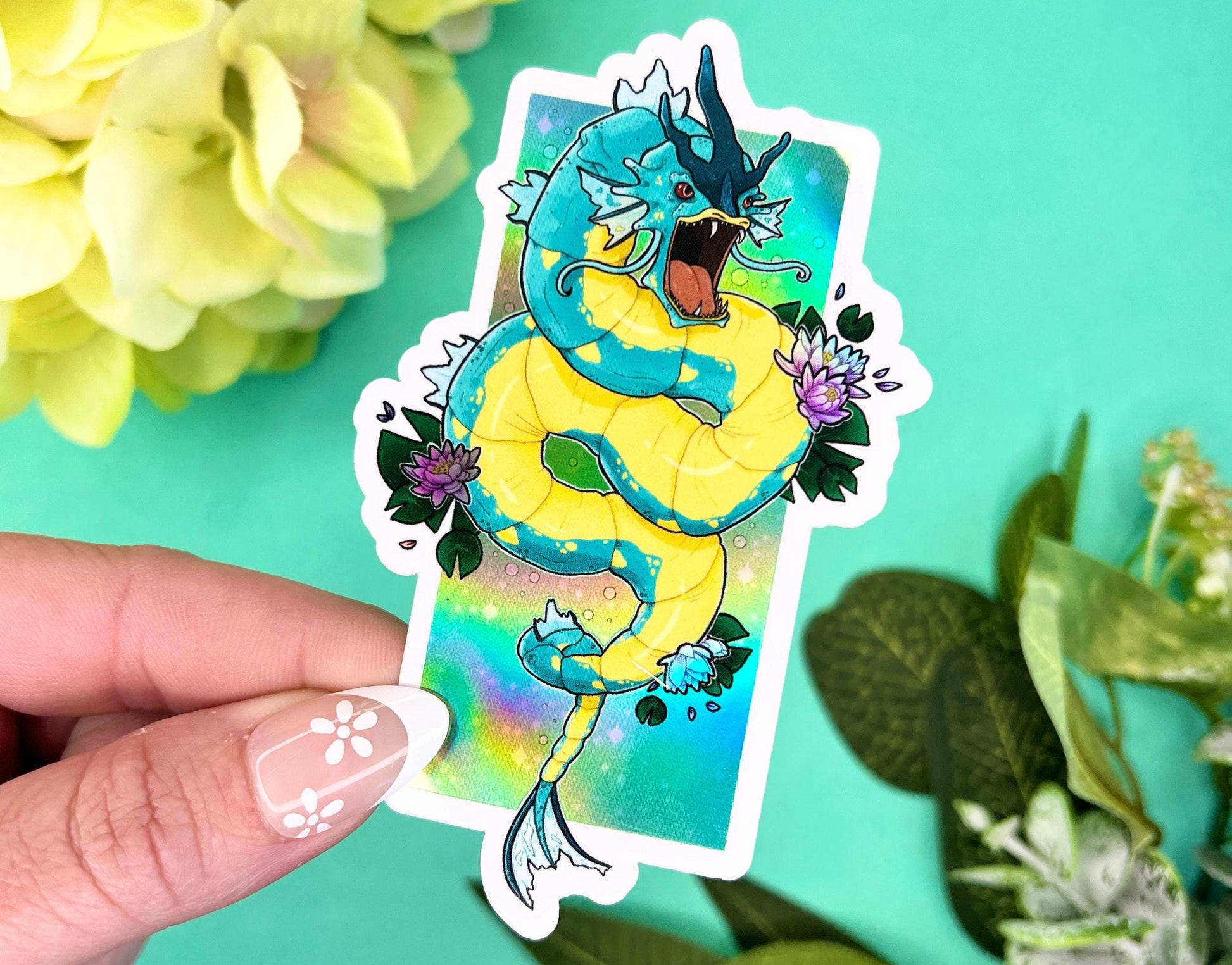 Holographic sticker of a fierce blue water dragon sea serpent with retro shiny style