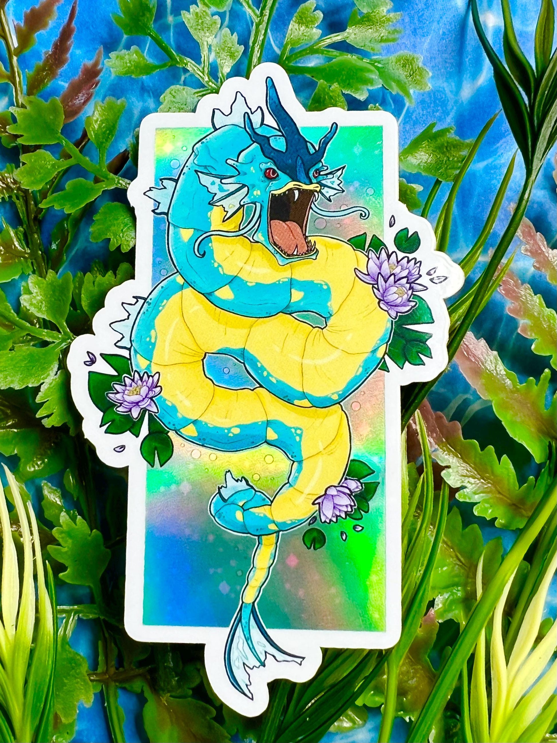 Holographic sticker of a fierce blue water dragon sea serpent with retro shiny style