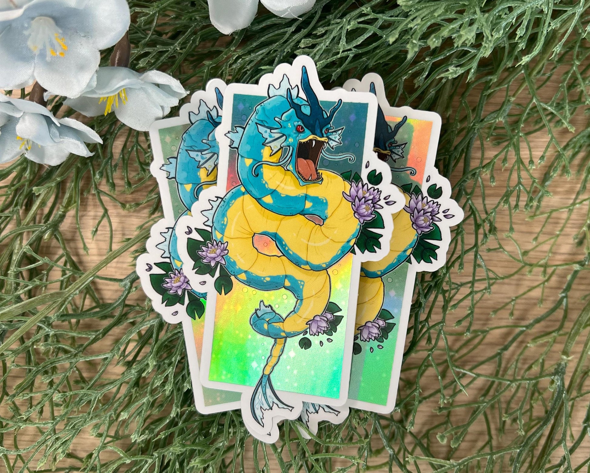 Holographic sticker of a fierce blue water dragon sea serpent with retro shiny style