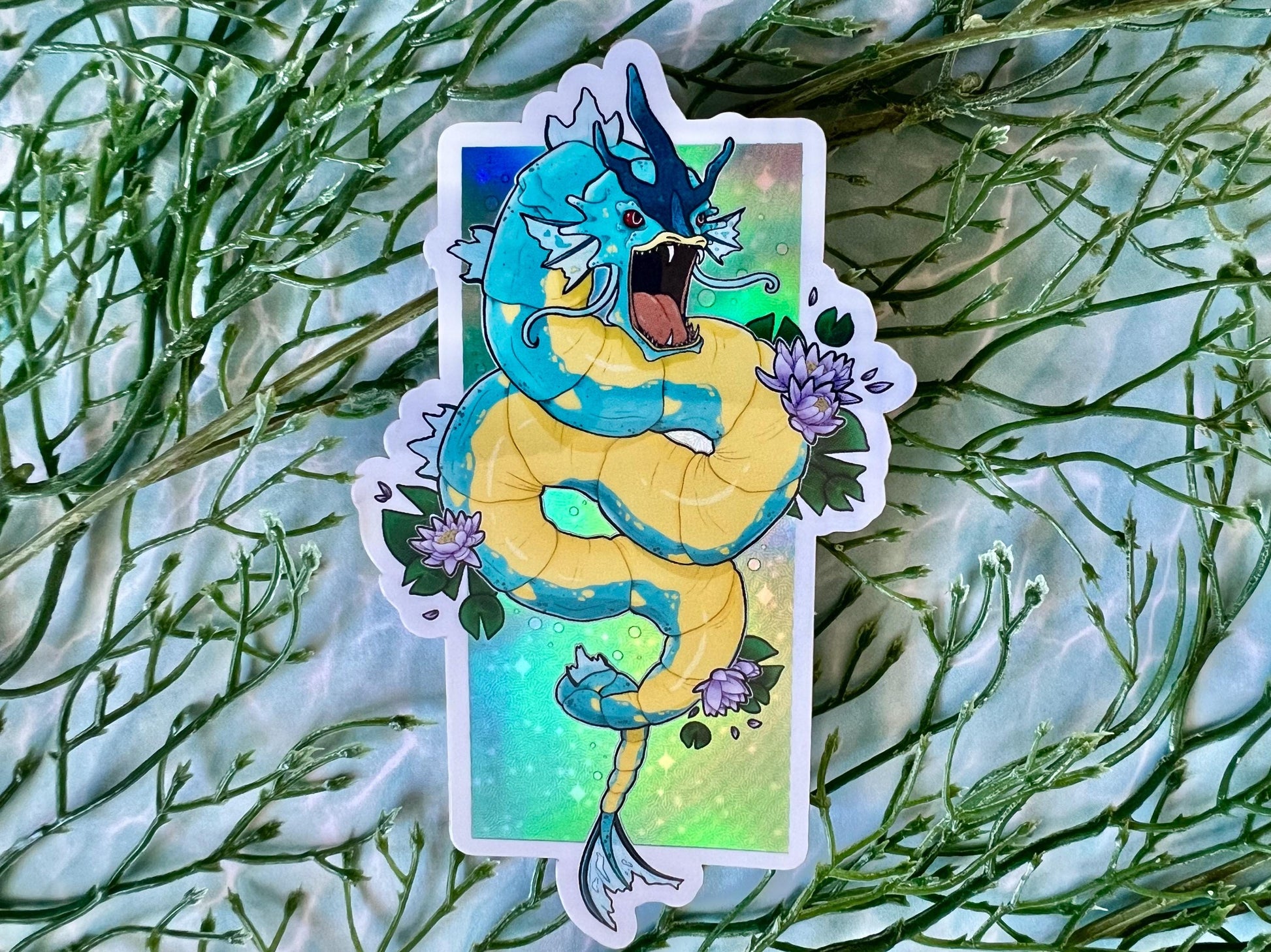 Holographic sticker of a fierce blue water dragon sea serpent with retro shiny style