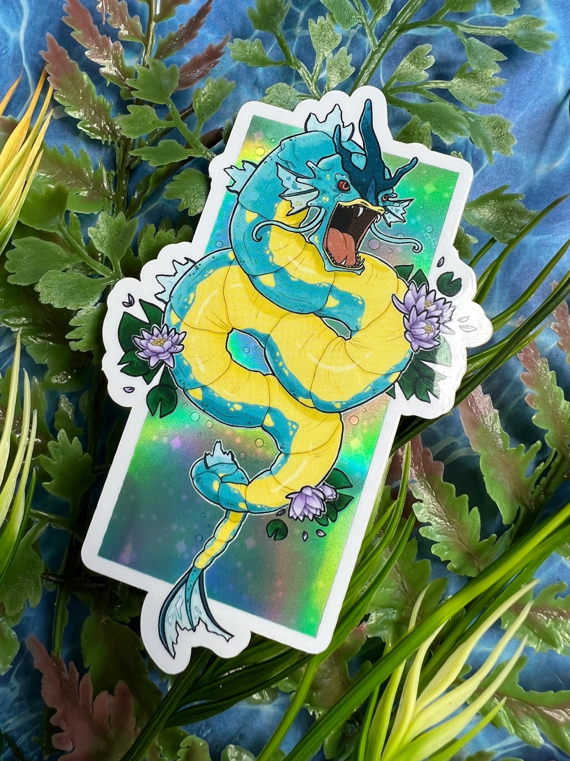 Holographic sticker of a fierce blue water dragon sea serpent with retro shiny style