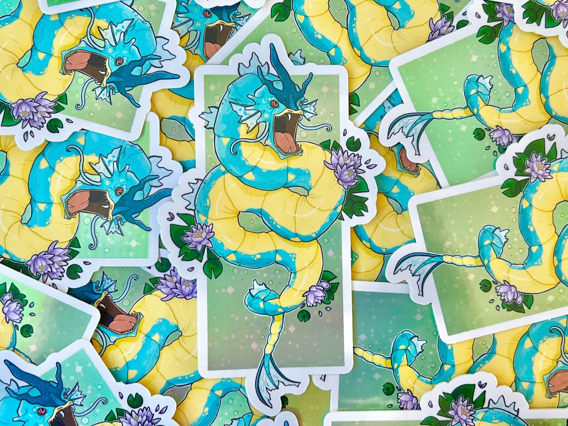 Holographic sticker of a fierce blue water dragon sea serpent with retro shiny style