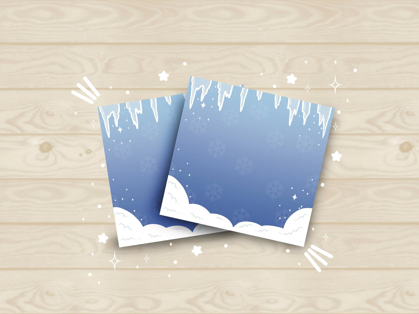 Blue sticky notes with icicles at the top, white snow at the bottom, and a faded snowflake pattern in the background.
